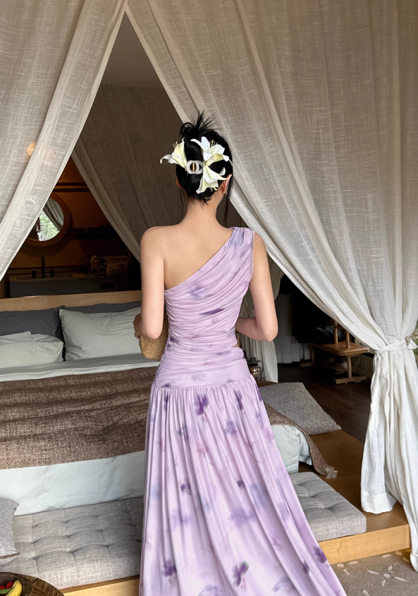 Purple Print Floral A Line One Shoulder Tulle Prom Dress Date Dress Outfits DP3456