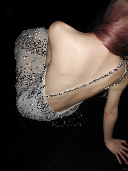 Shiny Sheath One Shoulder Rhinestone Tulle Long Prom Dress DP5186