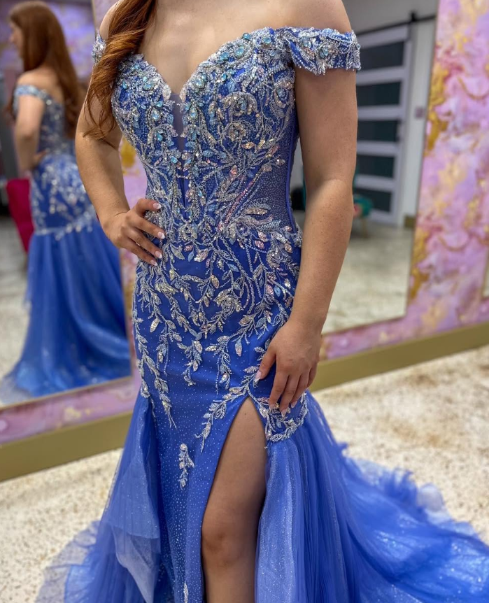 Glamorous Blue Mermaid Off the Shoulder Beaded Tulle Long Prom Dress Evening Dress DP6579