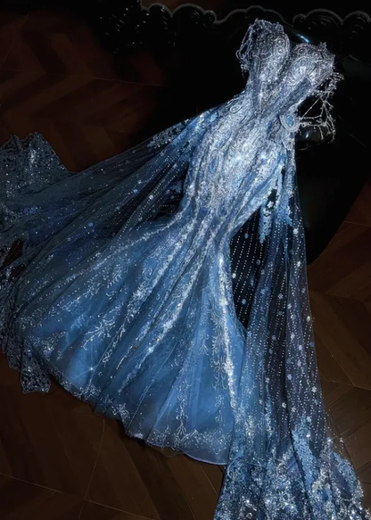 Dreamy Blue Mermaid Sweetheart Neck Exquisite Rhinestone Sequin Tulle Long Prom Dress DP4638