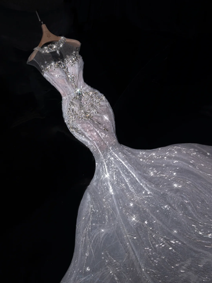 Gentle Round Neck Rhinestone Mermaid Sequin Tulle Prom Dress Evening Dress Party Dress DP2969
