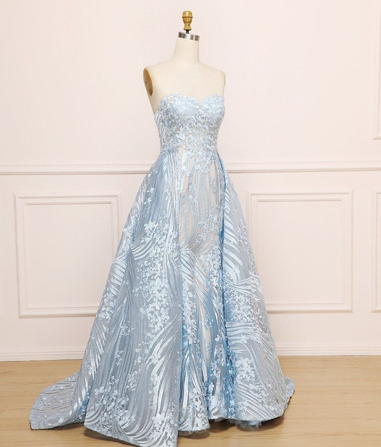 Elegant A Line Sweetheart Neck Appliques Sky Blue Tulle Prom Dress Evening Dress DP1526