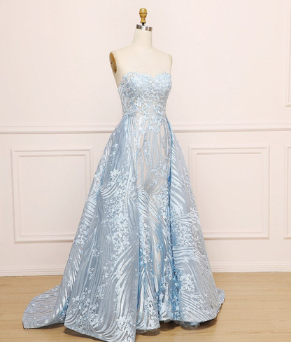 Elegant A Line Sweetheart Neck Appliques Sky Blue Tulle Prom Dress Evening Dress DP1526