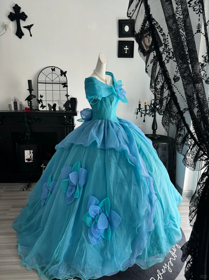 Cinderella Blue Ball Gown Layered Organza Prom Dress Quinceanera Dress DP6959