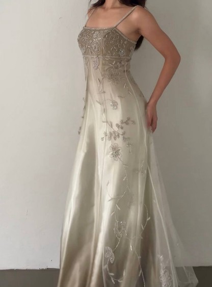 Vintage Unique A Line Spaghetti Strap Beaded Satin Tulle Prom Dress DP4827