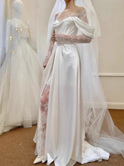 Classic A Line Off the Shoulder Lace White Satin Wedding Dress with Slit DP4356