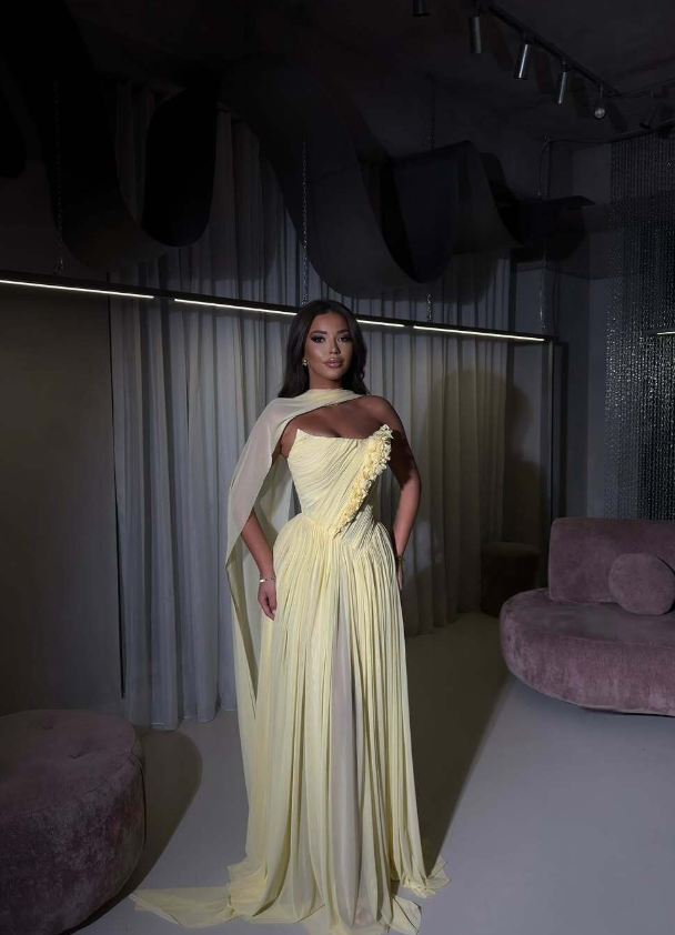 Yellow A Line Strapless Pleated Chiffon Long Prom Dress Wedding Guest Dress DP4323