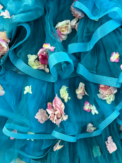Vintage Blue Ball Gown Strapless 3D Floral Layered Tulle Prom Dress Sweet 16 Dress DP5664