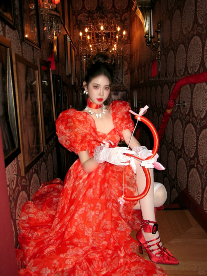 Red Ball Gown Puff Print Floral Ruffle Chiffon Long Party Dress Birthday Dress with Slit DP2523