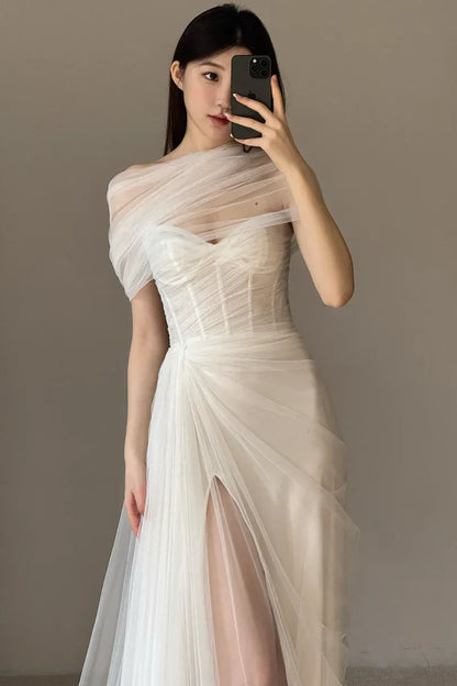 Sweetheart Sleeveless Tulle Pleated Sheer High Slit Mermaid Prom Dress with Train DP7623