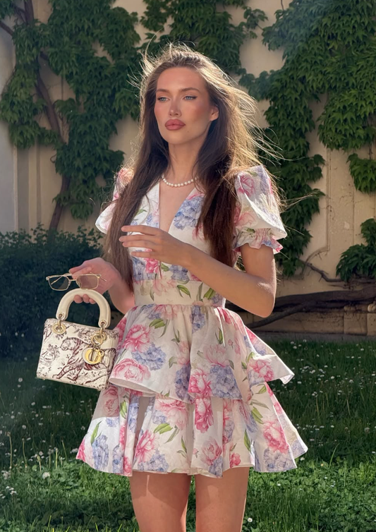 Pink-Blue Print A Line Puff Sleeve Layered Chiffon Short Homecoming Dress Outfits DP6016