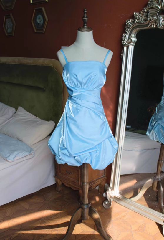 Cute Pink A Line Spaghetti Strap Pleated Satin Short Homecoming Dress Outfits DP4701