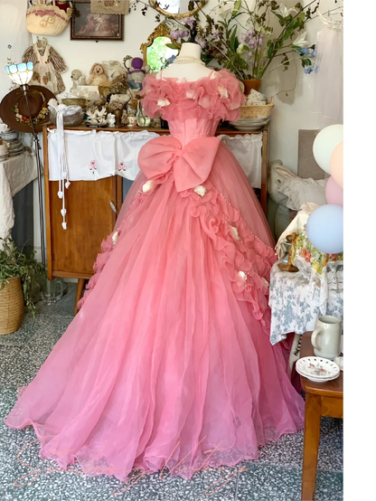 Vintage Pink Floral Ball Gown Off the Shoulder Organza Prom Dress Graduation Ball Gown DP4578