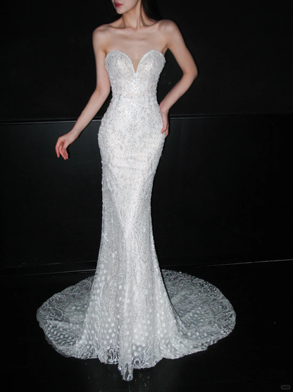 Luxurious Mermaid Sweetheart Neck White Beaded Sequin Tulle Long Wedding Dress DP8120
