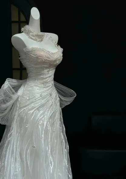 Chic A Line Off the Shoulder Beaded Pleated White Organza Prom Dress Graduation Prom Dress DP5049