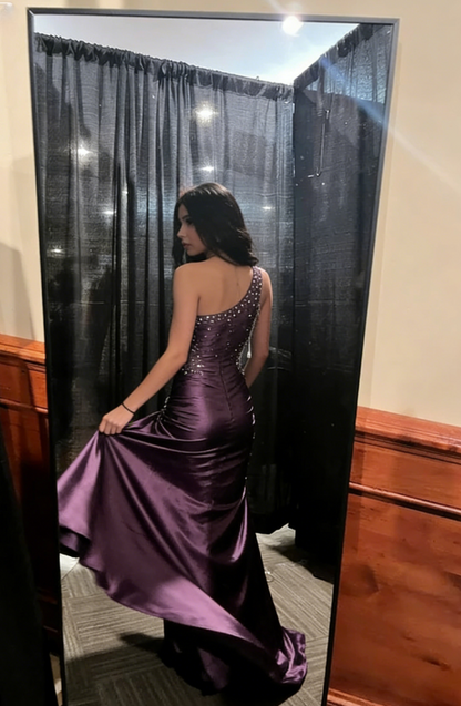 Vintage Purple A Line One Shoulder Pleated Beaded Satin Long Formal Prom Dress Evening Dress DP3073