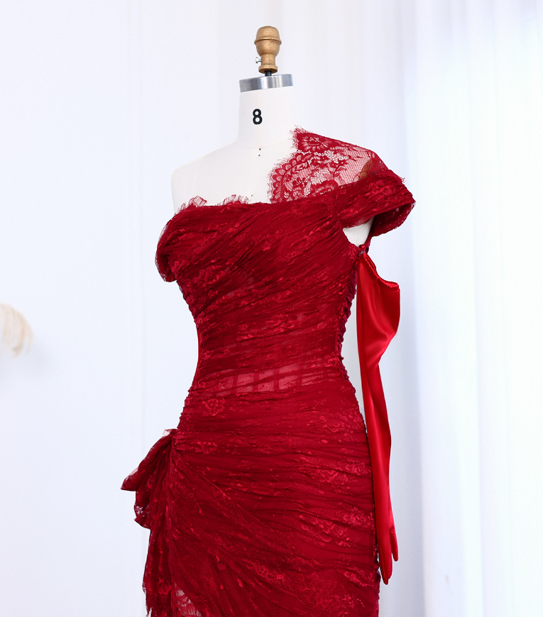 Sexy A Line Long Sleeve Burgundy Lace Prom Dress Evening Dress with Slit DP1914