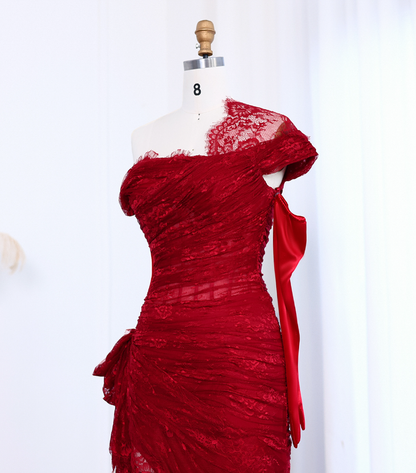 Sexy A Line Long Sleeve Burgundy Lace Prom Dress Evening Dress with Slit DP1914