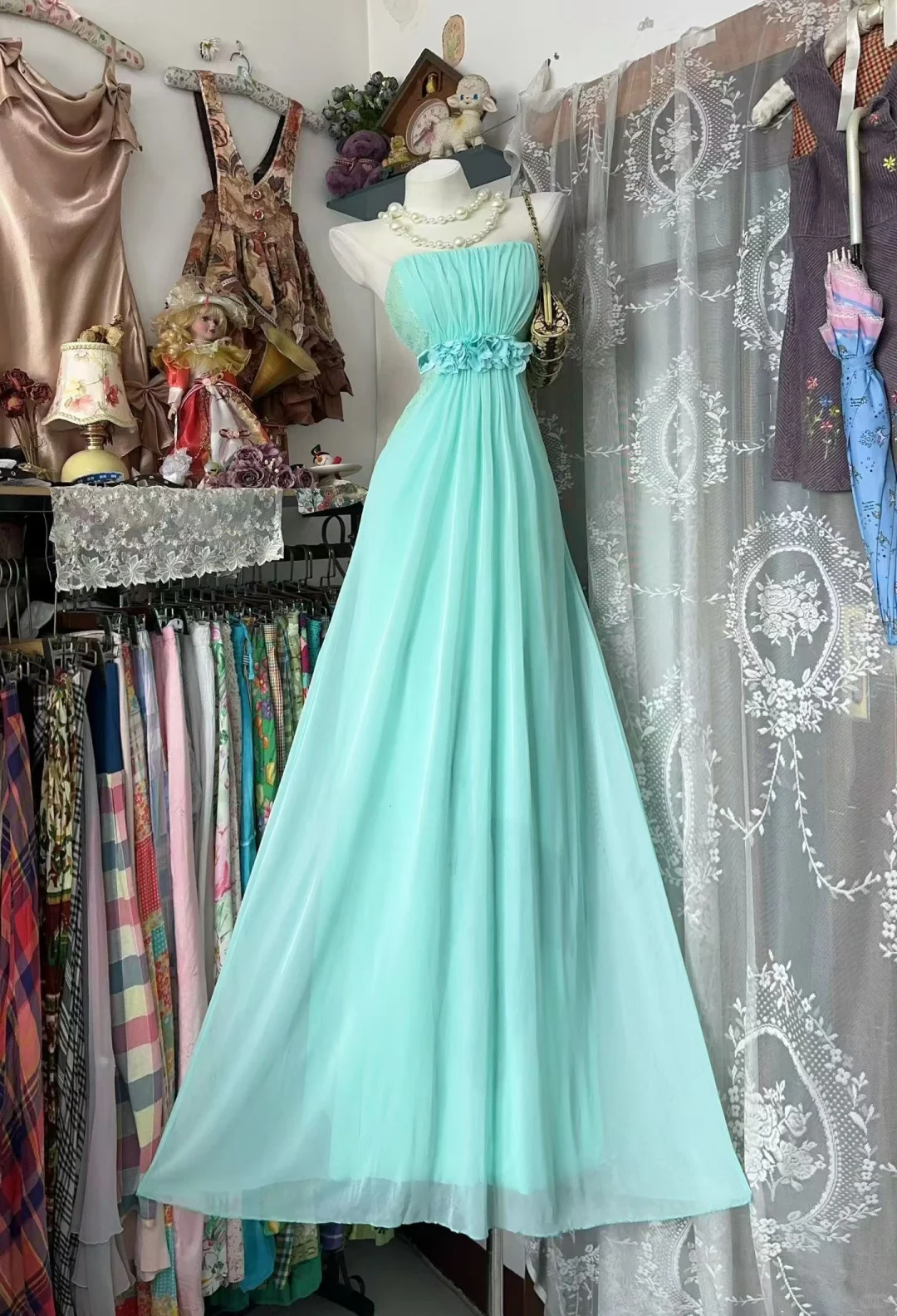 Vintage Minty Aqua A Line Strapless Chiffon Prom Dress Evening Dress DP5248