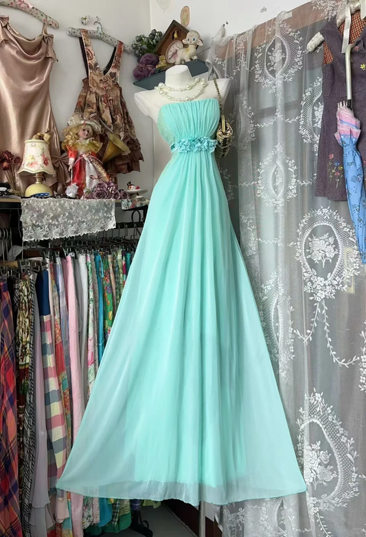Vintage Minty Aqua A Line Strapless Chiffon Prom Dress Evening Dress DP5248