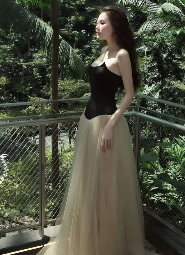 Elegant A Line Strapless Tulle Satin Long Prom Dress Evening Dress DP4264