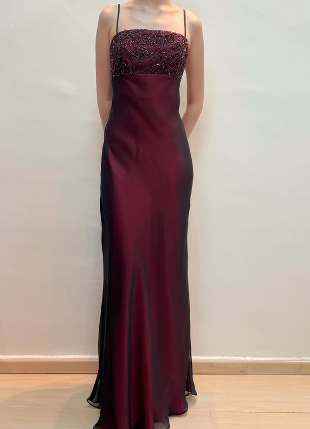 Vintage Sheath Straps Black Chiffon Burgundy Satin Prom Dress Evening Dress Date Dress DP5287