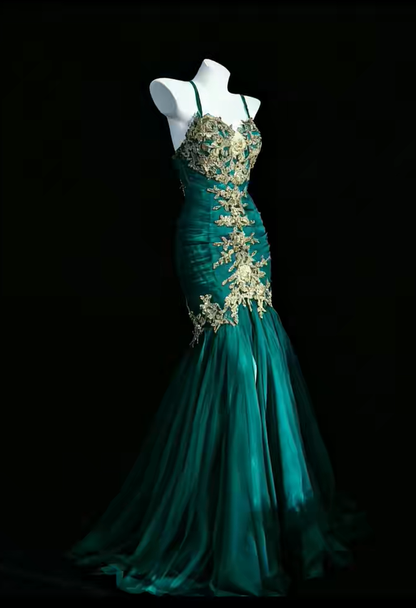 Vintage Mermaid Spaghetti Straps Appliques Blue Tulle Prom Dress Evening Dress DP4724