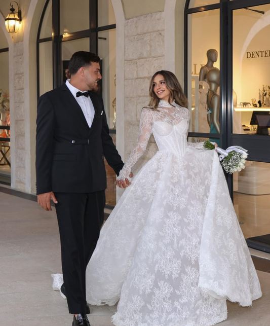 Elegant Ball Gown High Neck Long Sleeve Lace Wedding Dress Prom Dress DP3704