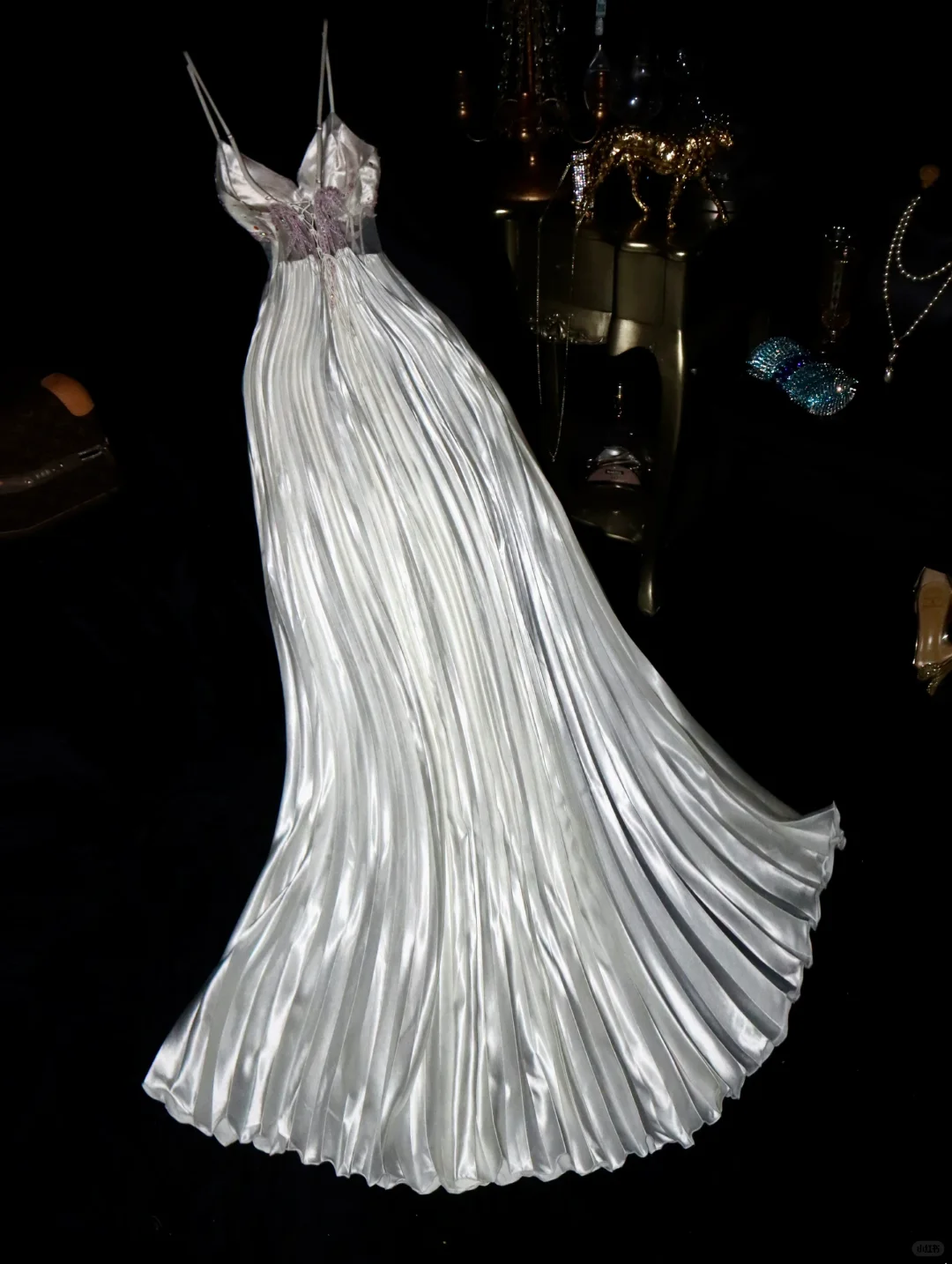 Vintage A Line Spaghetti Strap Beaded Silver Satin Long Prom Dress DP4422