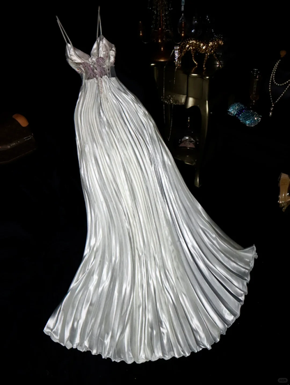 Vintage A Line Spaghetti Strap Beaded Silver Satin Long Prom Dress DP4422