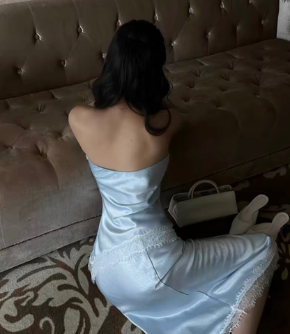 Two Piece Baby Blue Sheath Strapless Lace Satin Prom Dress Evening Dress DP7933