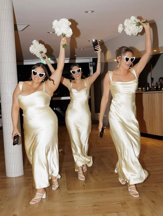 Shiny Light Yellow A Line Straps Satin Long Bridesmaid Dress DP5110