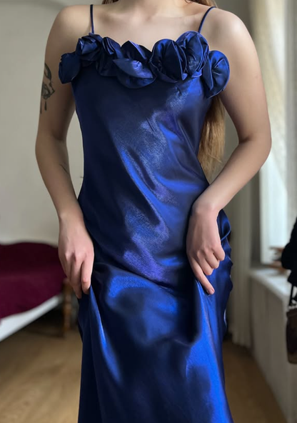 Dazzling Navy Blue A Line Straps Floral Satin Prom Dress Evening Dress Date Dress DP5703