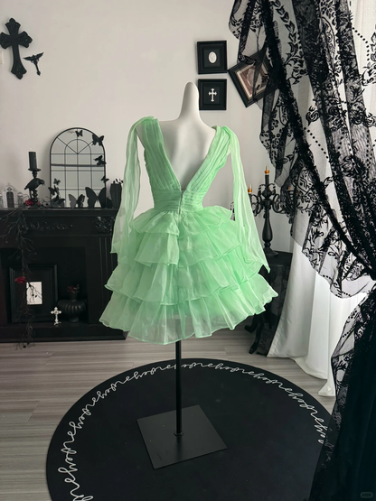 Summer Green A Line V Neck Layered Organza Short Prom Dress Homecoming Dress DP6977