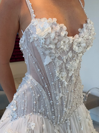 Luxurious Ball Gown Spaghetti Strap Beaded White Tulle Long Wedding Dress with Slit DP5840