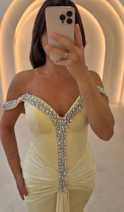 Yellow Mermaid Off the Shoulder Beaded Pleated Satin Prom Dress Evening Dress DP4335