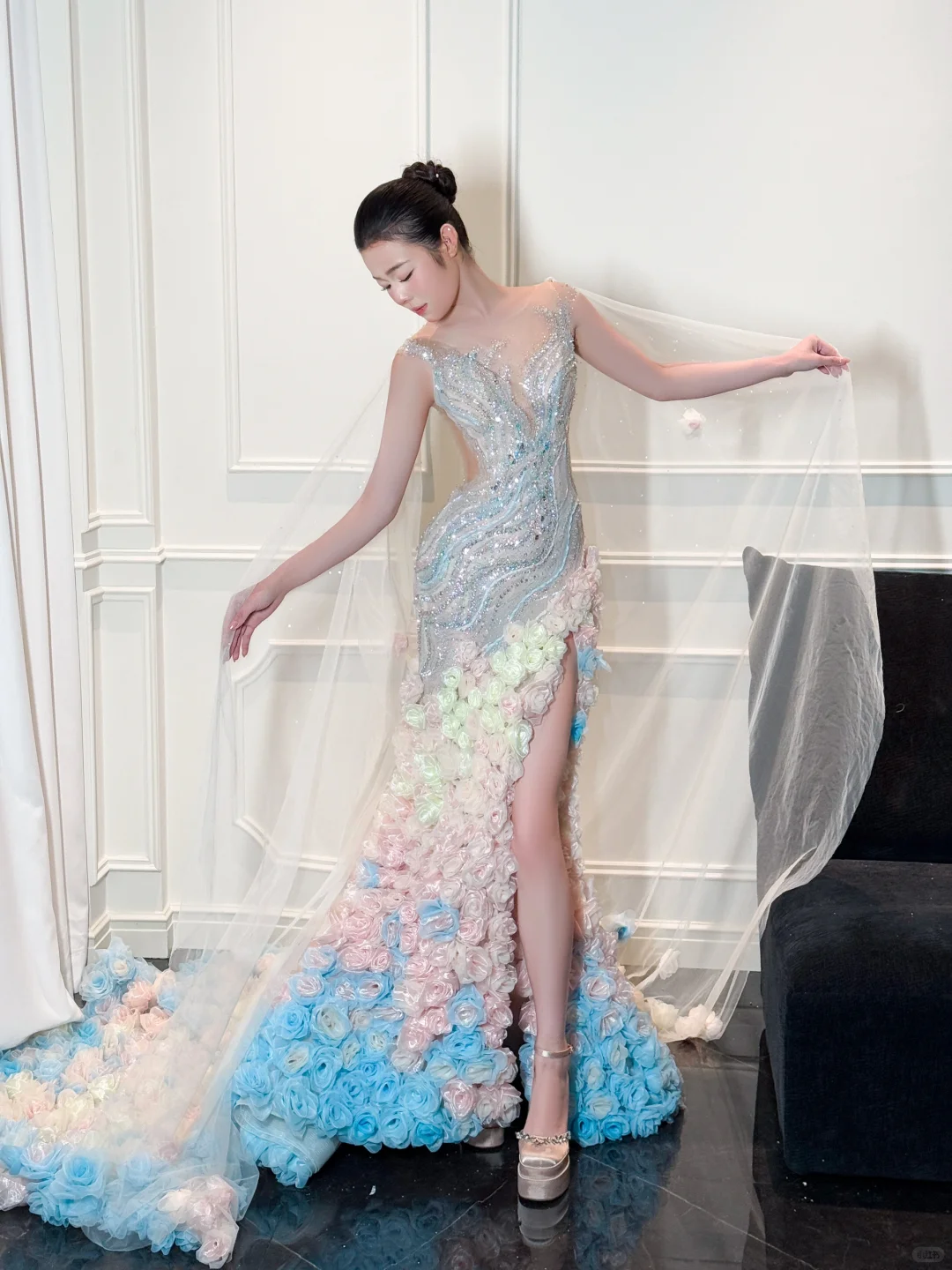 Dreamy Mermaid V Neck Ombre Floral Beaded Tulle Prom Dress DP4293
