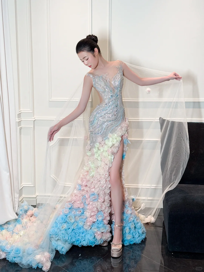 Dreamy Mermaid V Neck Ombre Floral Beaded Tulle Prom Dress DP4293