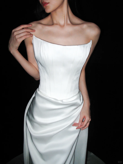 Classic High-class A Line Strapless White Corset Satin Long Wedding Dress DP6375
