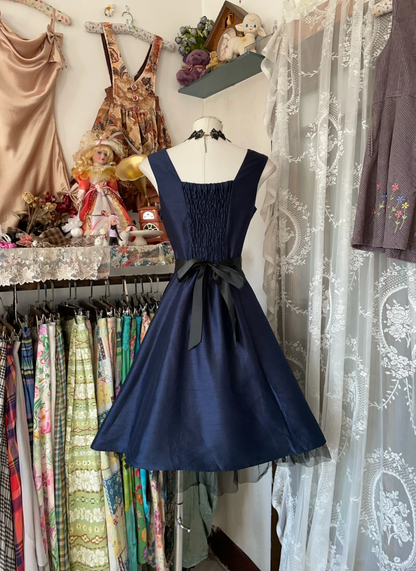Simple Vintage A Line Round Neck Navy Blue Satin Short Homecoming Dress Outfits DP5000
