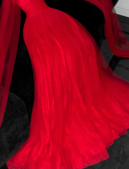 Charming A Line Strapless Simple Red Tulle Prom Dress DP4641