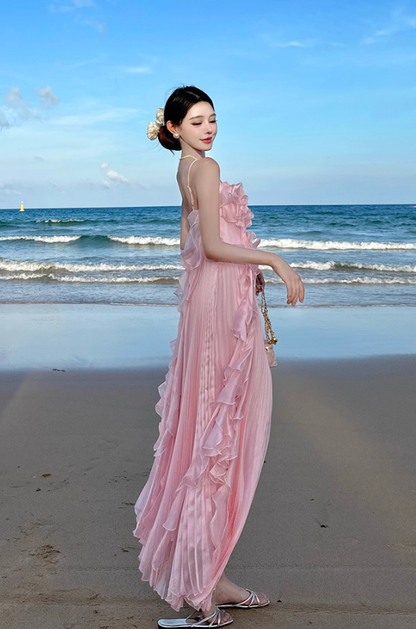 Pink A Line Spaghetti Strap Pleated Ruffle Chiffon Long Beach Vacation Dress Outfits DP3402