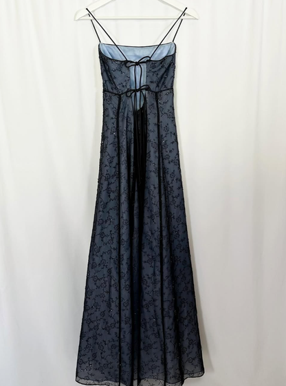 Vintage Exquisite Black Beaded A Line Spaghetti Strap Satin Prom Dress Evening Dress Date Dress DP3038