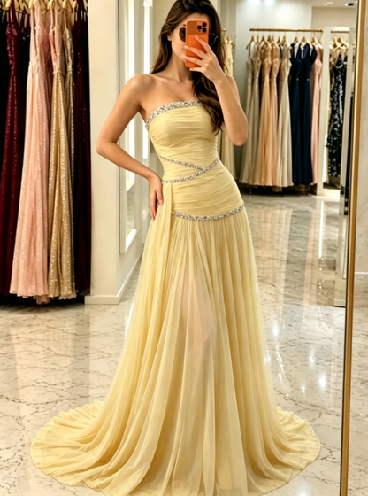 Stunning Navy Blue A Line Strapless Shiny Rhinestone Chiffon Prom Dress Evening Dress DP5634