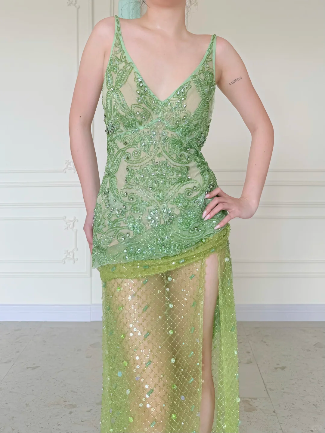 Summer Green A Line V Neck Shiny Beaded Slit Long Prom Dress Evening Dress DP5472