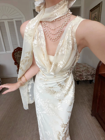 Gentle Mermaid Print Flower Light Champagne Chiffon Long Prom Dress Evening Dress DP6788