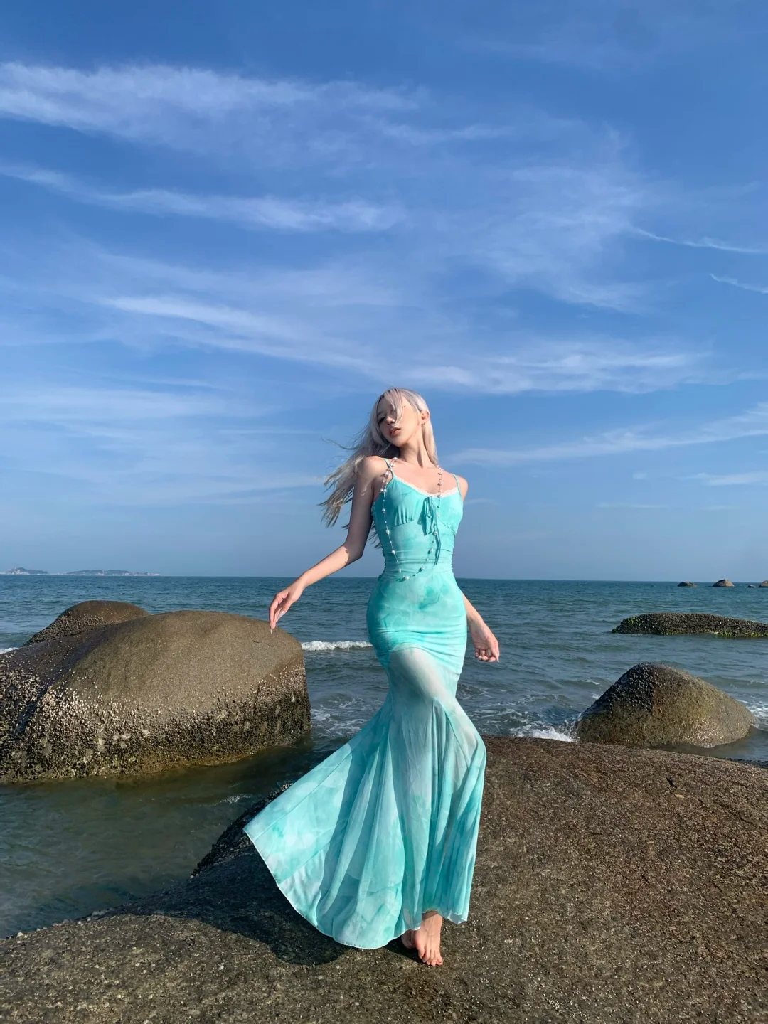 Blue Mermaid Spaghetti Straps Chiffon Long Vacation Dress Outfits DP3847