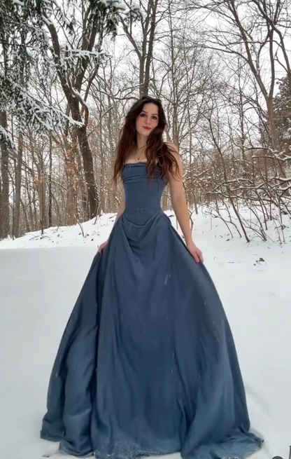 Simple A Line Strapless Grey Satin Long Prom Dress Graduation Prom Dress DP4872