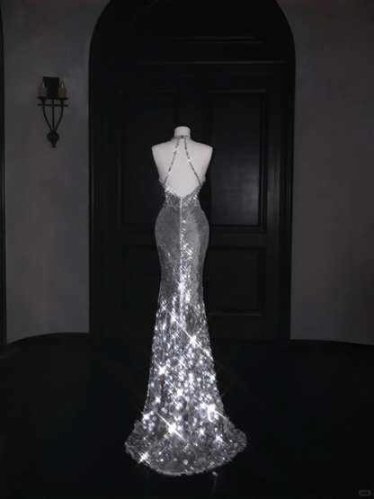 Sexy Mermaid Halter Silver Sequin Open Back Long Prom Dress Evening Dress DP2654