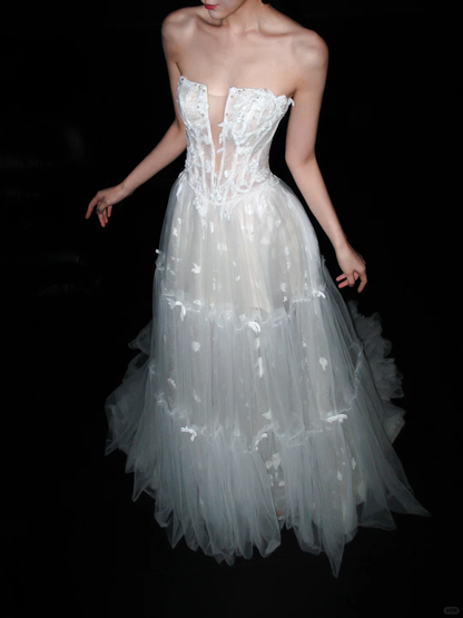 New A Line Strapless White Appliques Tulle Long Wedding Dress DP8082
